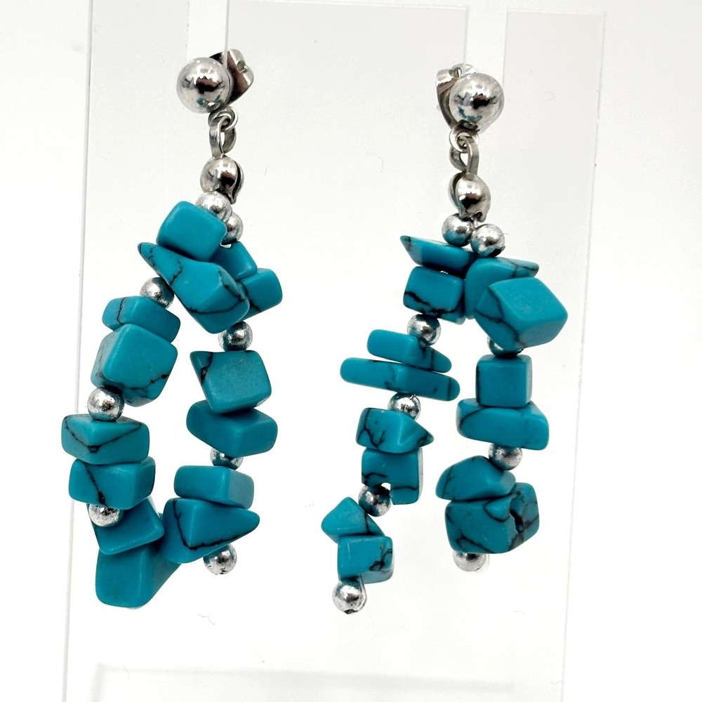 Cluster Dangle Earrings Faux Turquoise‎ 2" Silver Tone Post Southwestern Style